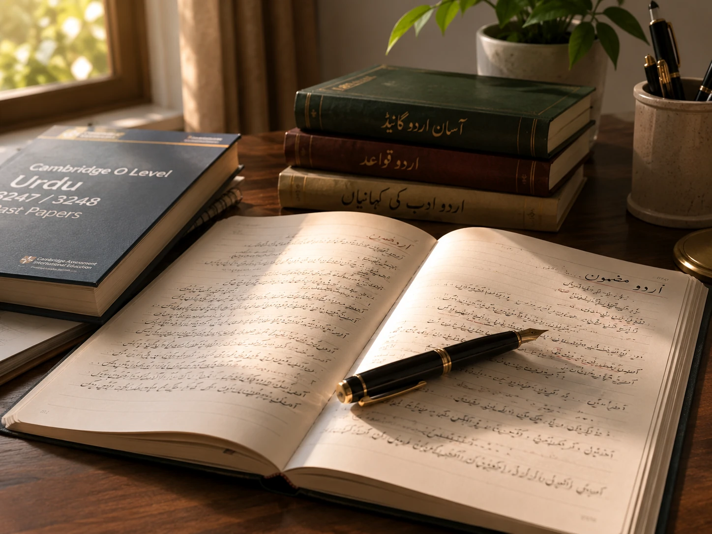 Open Urdu grammar book and handwritten practice notebook in warm natural light