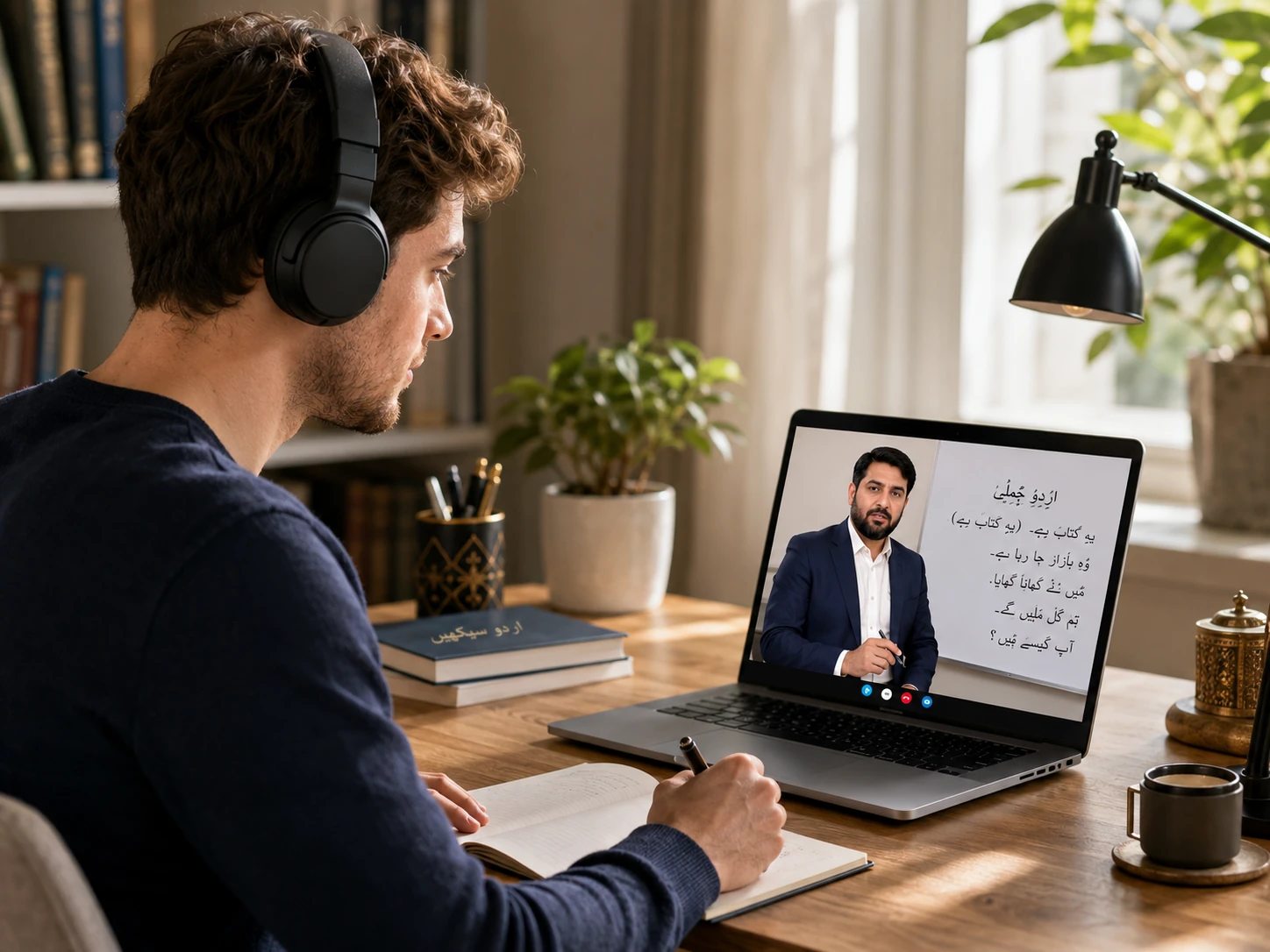 Student attending a live online Urdu class from a bright study space