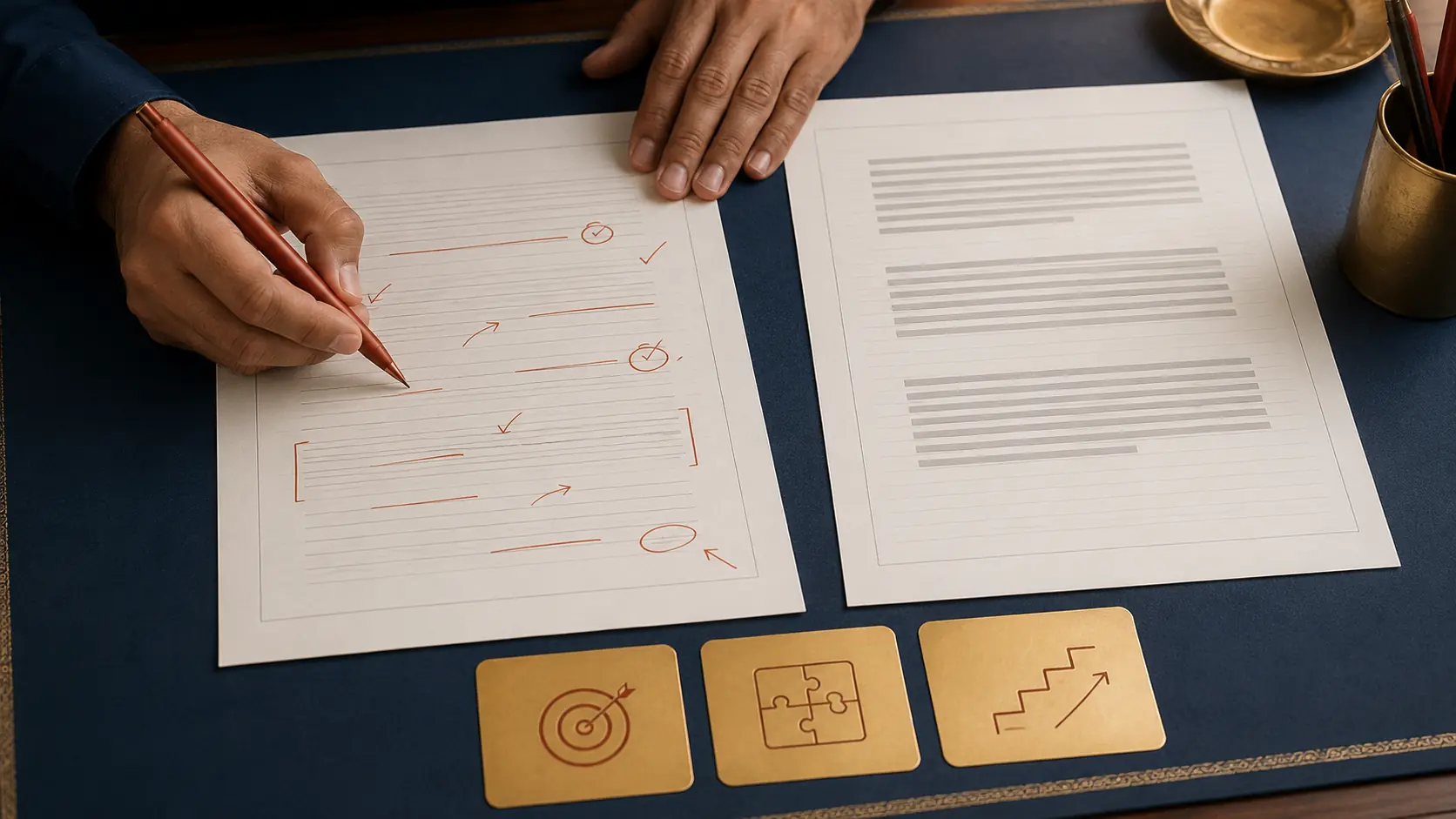 Teacher diagnosing answer structure and three improvement priorities beside a revised response