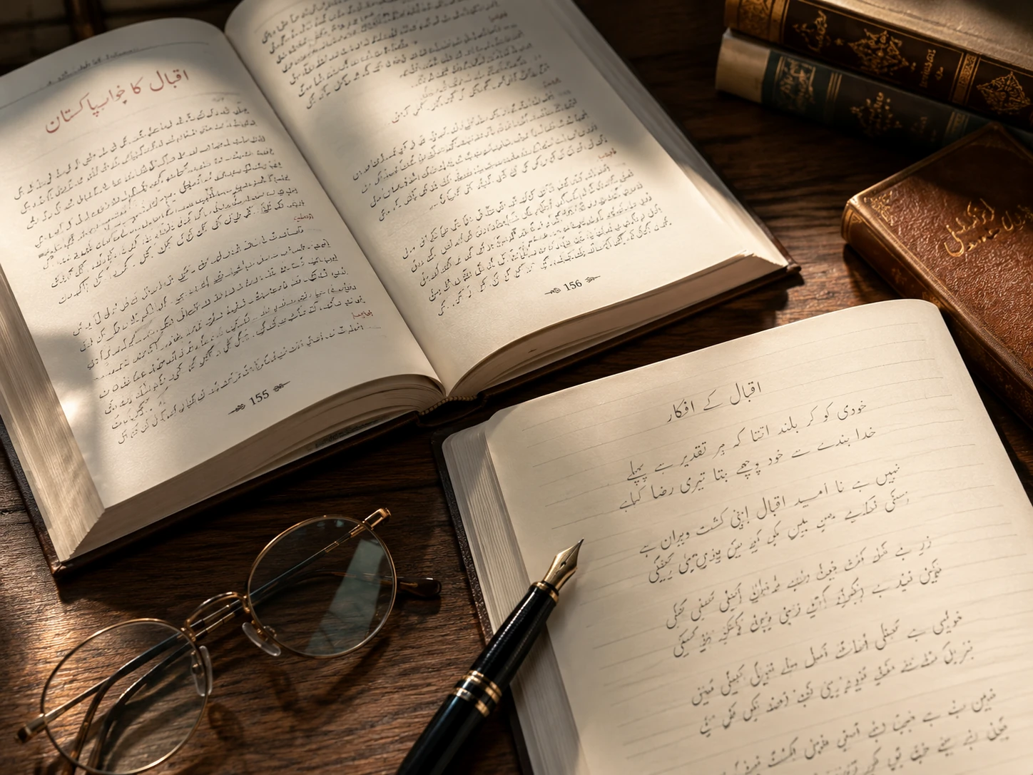 Open Urdu literature book and handwritten notes about Allama Iqbal in warm window light
