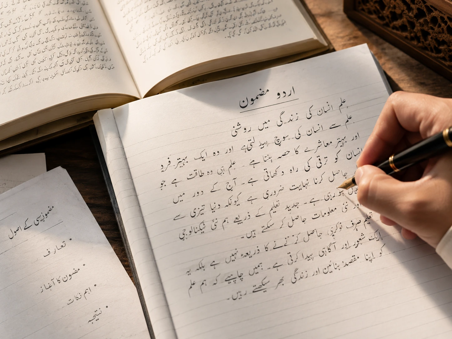 Student writing a structured Urdu essay by hand beside an open reference book