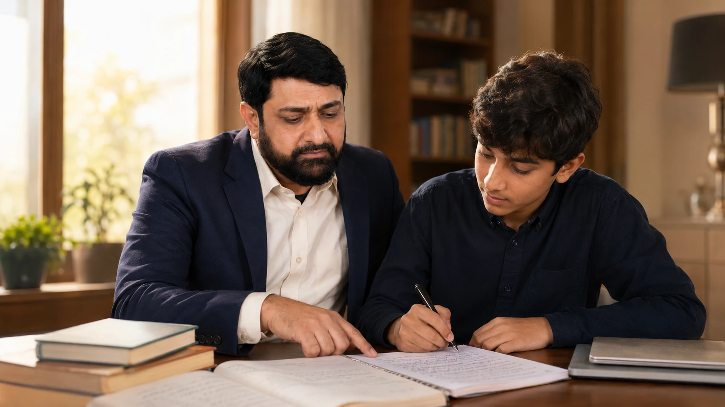 Sir Hameed guiding a student during an Urdu writing lesson