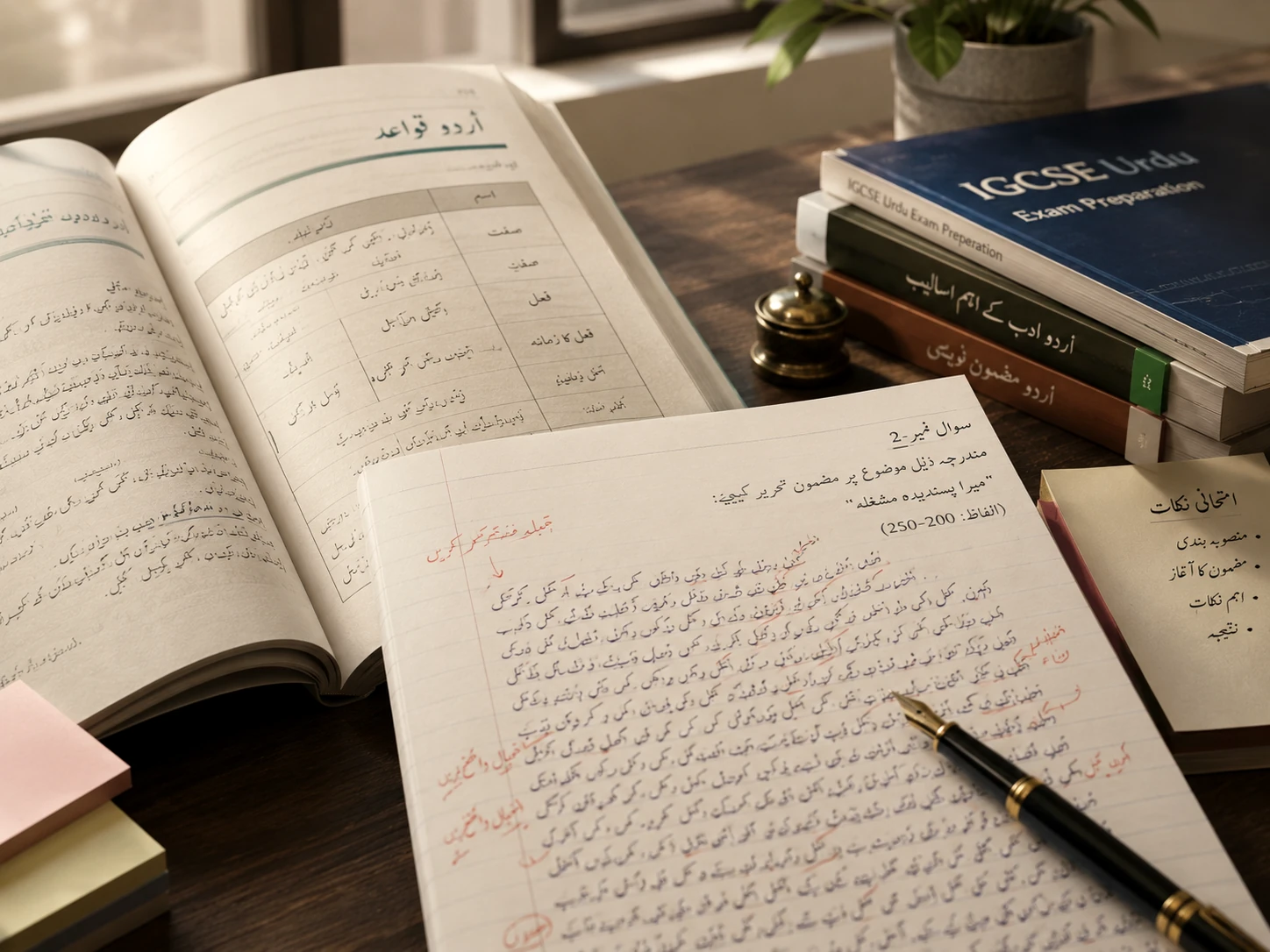IGCSE Urdu exam preparation paper with handwritten Urdu answers, corrections and reference books in warm window light